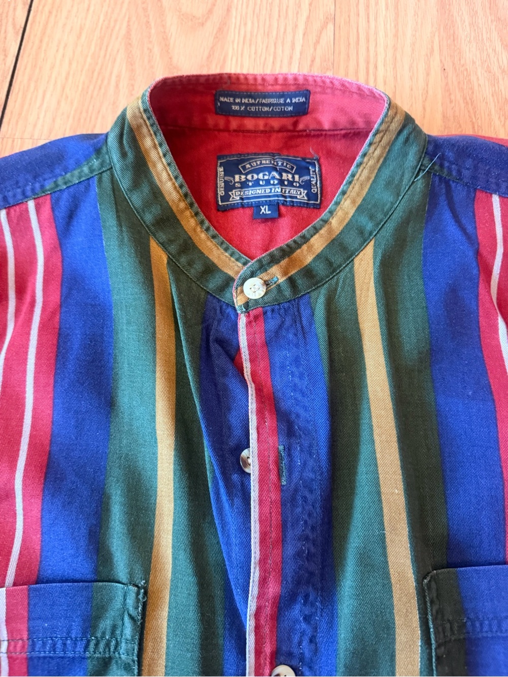 Bogari Studio Men's vintage Multi Color Striped Banded Collar Cotton Shirt XL - Picture 5 of 9